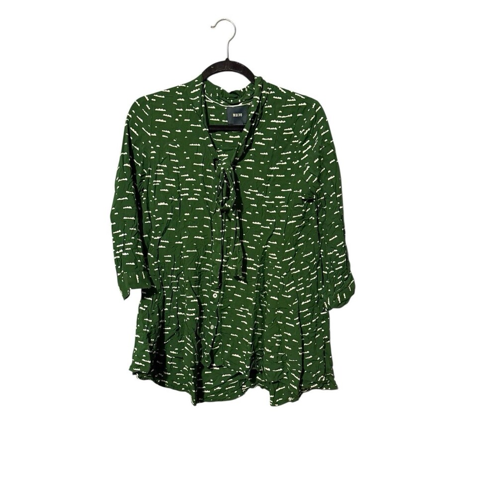 Maeve Anthropologie Tie Front Blouse Women’s M Green Print Swing Top Rayon